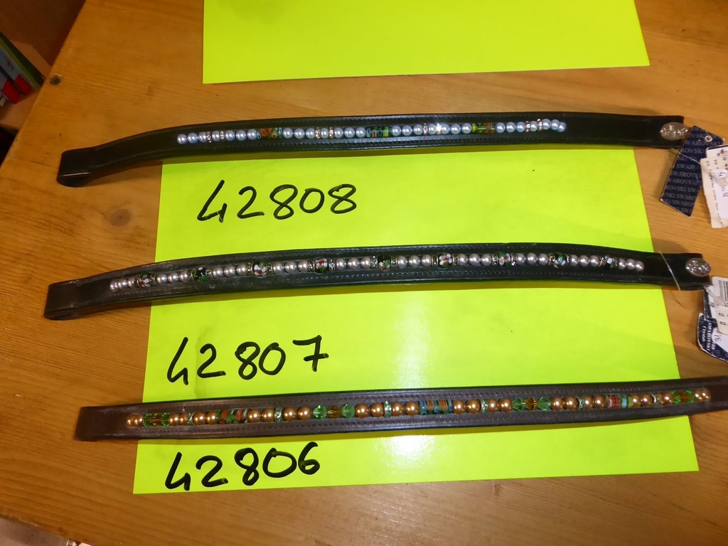 frontal EQ marron /perle dorées deco vert cheval