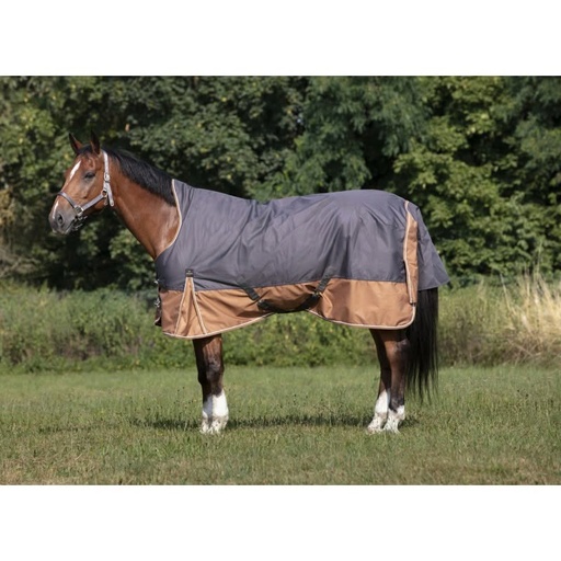 couverture imper equitheme 150gr 600d highneck 165 gris/marron Soufflet aisance attache poitrail boucle reglable