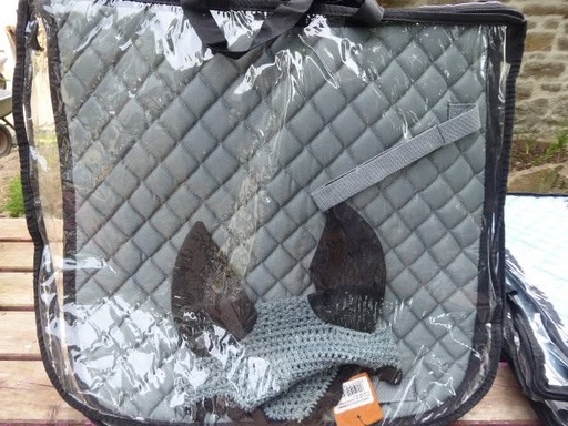 Tapis + bonnet poney dressage gris /noir