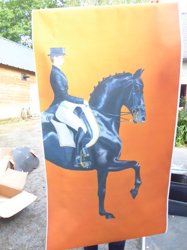 tableau cheval dressage fond orange 160x80cm