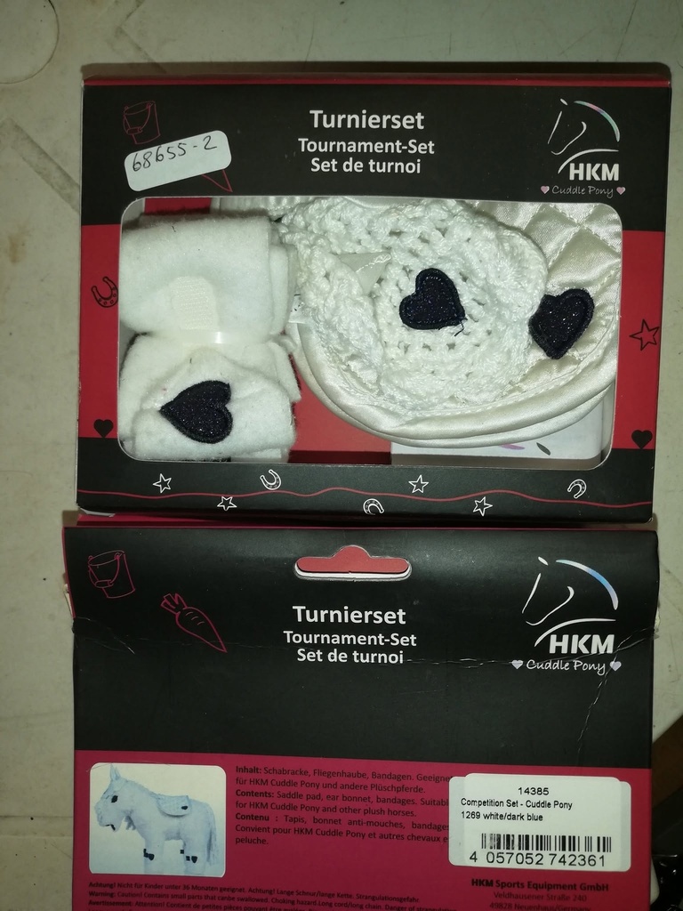 jouet set (tapis, bandes, bonnet) HKM pour peluche cuddle poney blanc/bleu