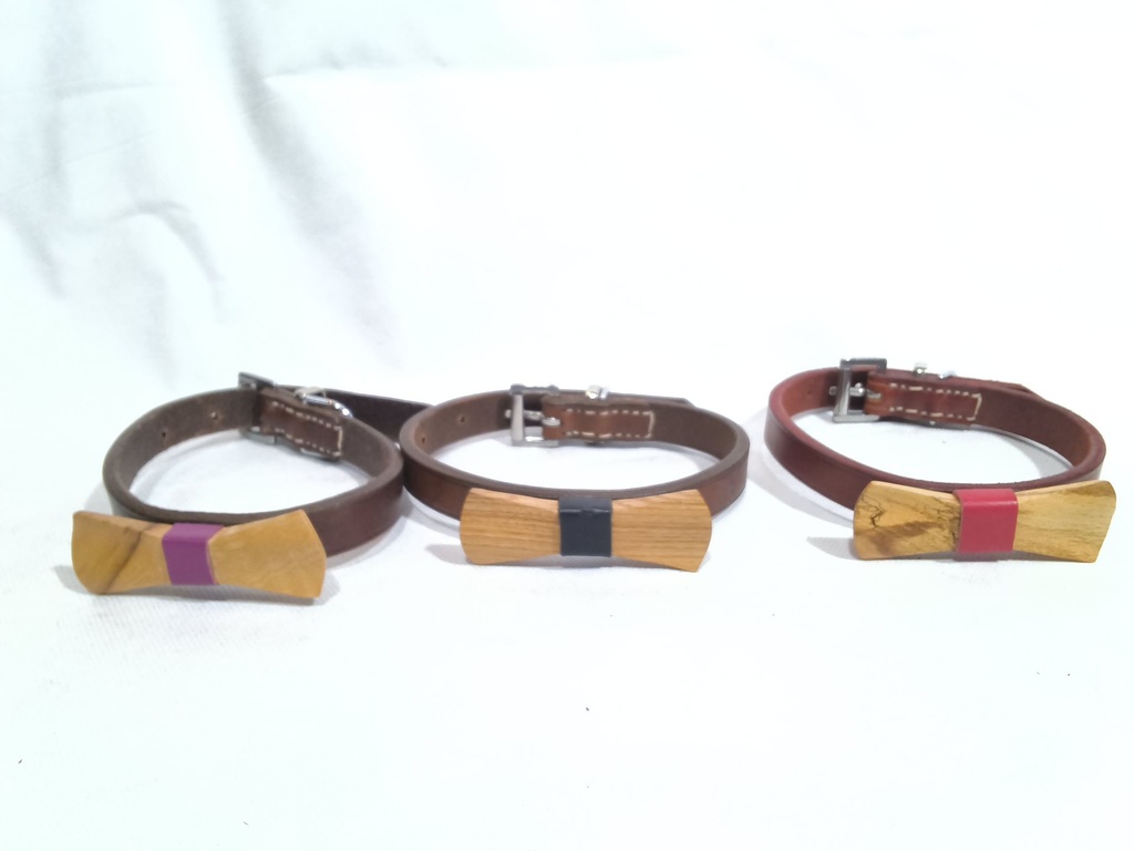 Collier chien cuir déco bois marron 28/36cm